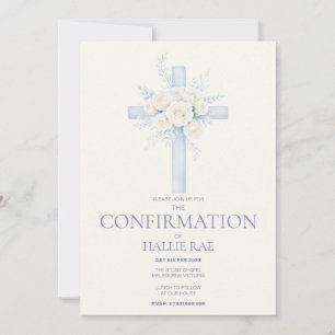 Confirmation Invite, Modern Blue Floral Cross Invitation