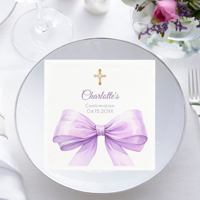 Confirmation lavender bow cross luncheon napkin (Creator Uploaded)