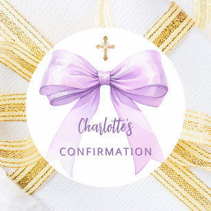 Confirmation lavender bow girl cross classic round sticker