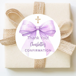 Confirmation lavender bow girl cross thank you classic round sticker
