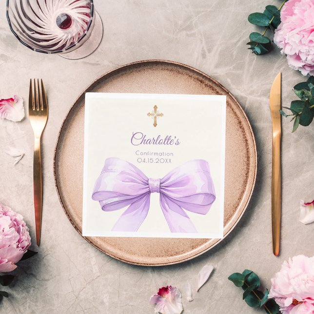 Confirmation lavender bow ivory cross luncheon napkin (Creator Uploaded)
