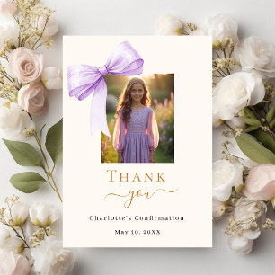 Confirmation lavender bow photo cream thank you card