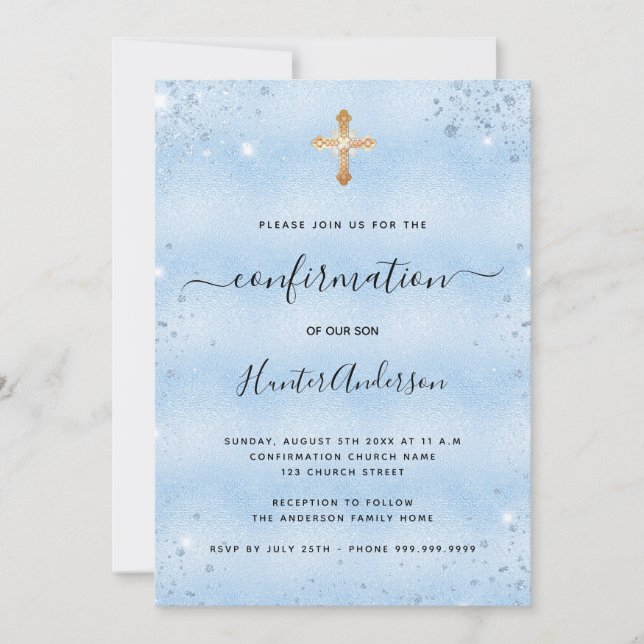 Confirmation light blue gold cross boy invitation (Front)