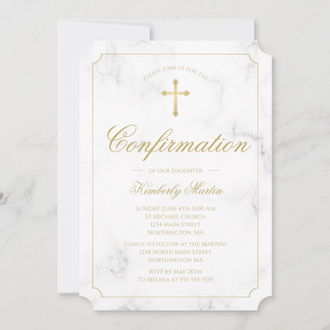 Confirmation Marble Elegant Gold Cross Script Girl Invitation (Front)