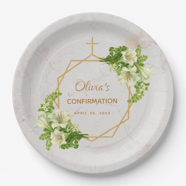 Confirmation Marble White Lilies Gold Cross Floral Paper Plate (Front)