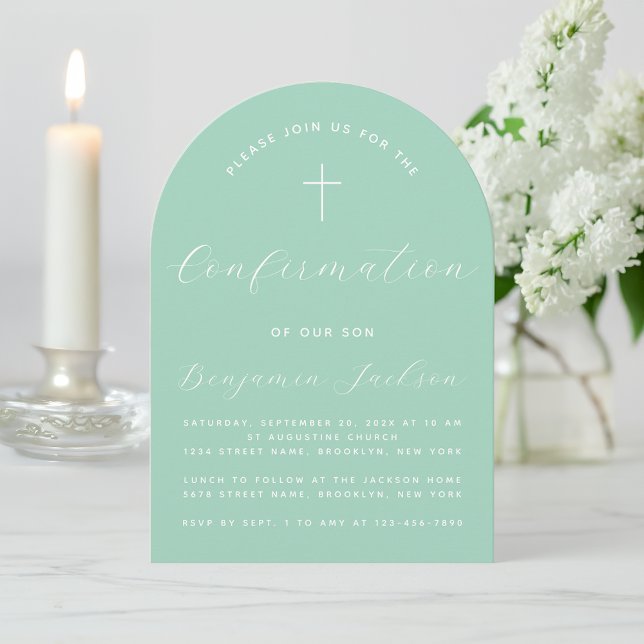 Confirmation Mint Arch Modern Script Simple  Green Invitation (Creator Uploaded)