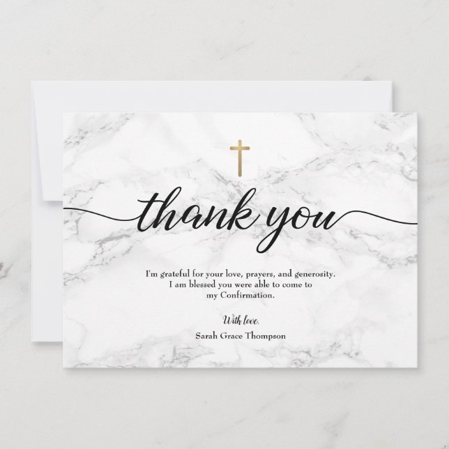 Confirmation Modern Marble Gold cross Personalise Thank You Card (Front)