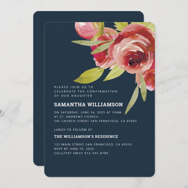 Confirmation Modern Watercolor Floral Invitation (Front/Back)