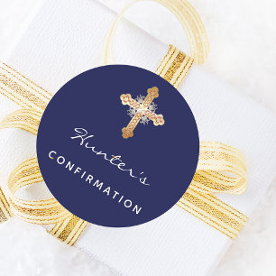 Confirmation navy blue boy cross name classic round sticker