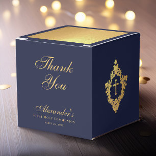 Confirmation Navy Blue Crest Thank You Faux Gold  Favour Box