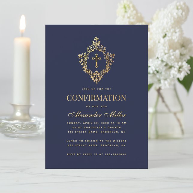 Confirmation Navy Blue Elegant Faux Gold Crest Boy Invitation (Creator Uploaded)