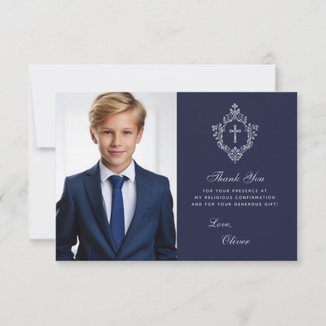 Confirmation Navy Blue Faux Silver Crest Boy Photo Thank You Card (Front)