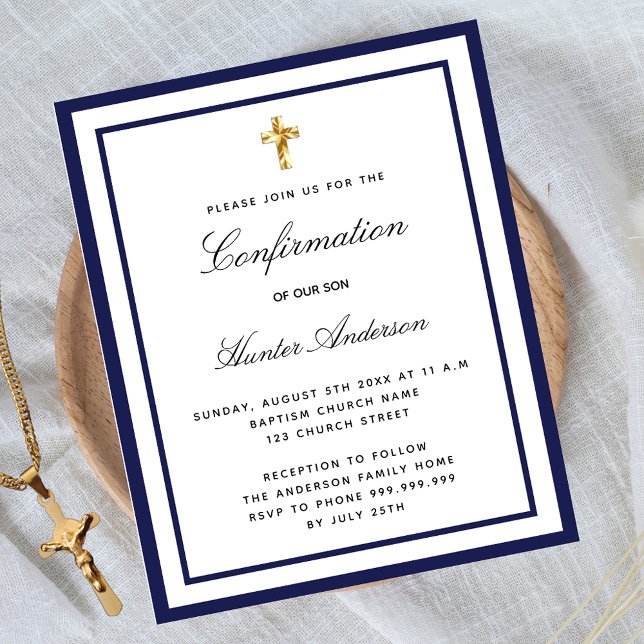Confirmation navy blue white budget invitation flyer (Creator Uploaded)
