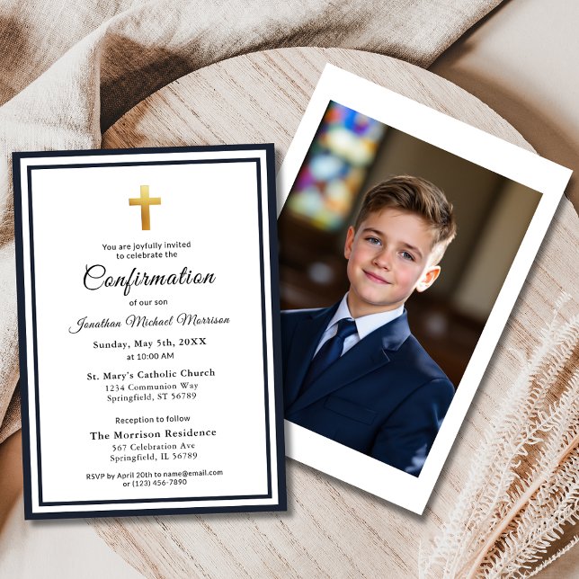 Confirmation Navy Blue White Minimalist Photo Invitation (Creator Uploaded)
