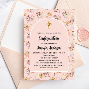 Confirmation pampas grass flowers rose gold boho invitation postcard