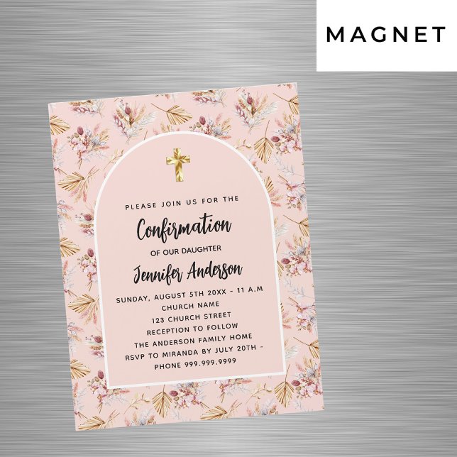 Confirmation pampas grass flowers rose gold luxury magnetic invitation (Creator Uploaded)