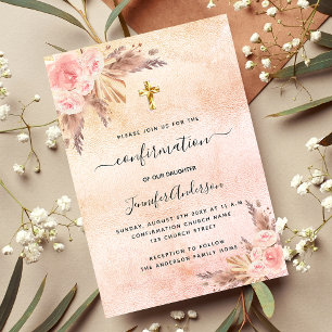 Confirmation pampas grass rose gold blush girl invitation