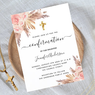 Confirmation pampas grass rose gold blush pink invitation postcard