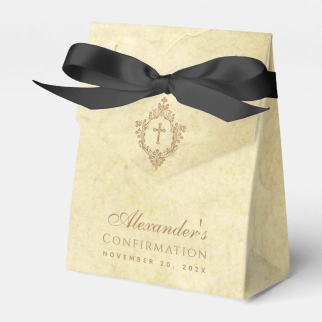 Confirmation Parchment Vintage Cross in Crest  Favour Box (Front Side)
