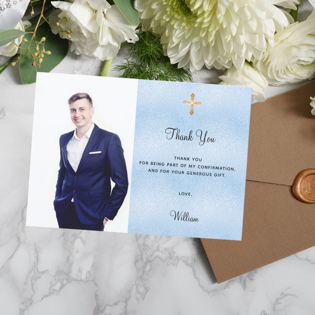 Confirmation photo cross blue boy thank you card (Creator Uploaded)