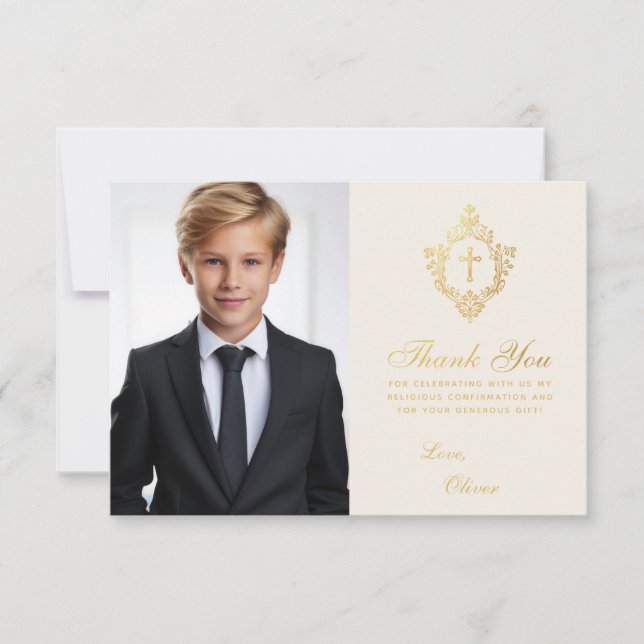 Confirmation Photo Gold Cross Crest Ivory Elegant  Thank You Card (Front)