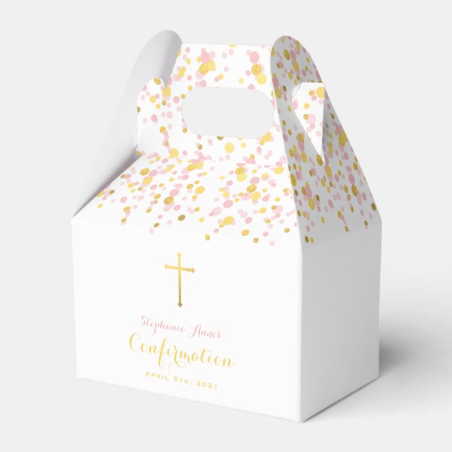 Confirmation Pink and Gold Confetti Favor Box (Front Side)
