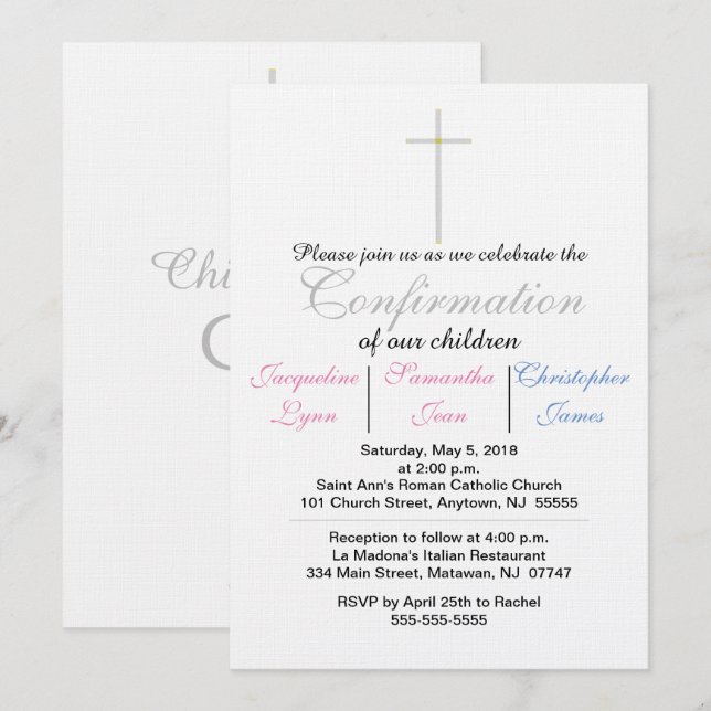 Confirmation Pink Blue Triplets Invitation (Front/Back)