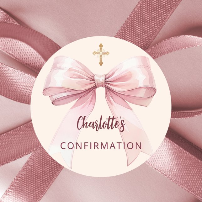 Confirmation pink bow girl cross cream classic round sticker (Creator Uploaded)