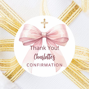 Confirmation pink bow girl cross thank you classic round sticker