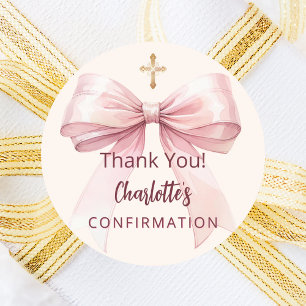 Confirmation pink bow girl ivory cross thank you classic round sticker