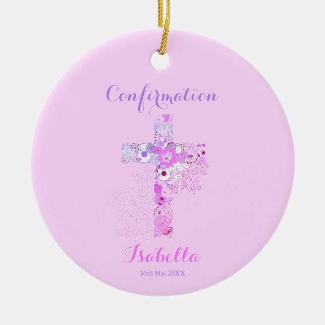 Confirmation pink floral cross  ceramic ornament (Front)