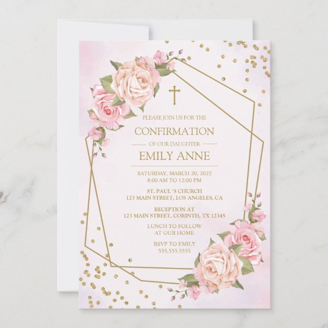 Confirmation Pink Floral Invitation (Front)