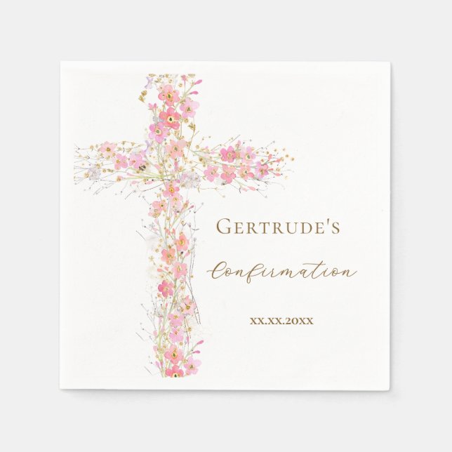 Confirmation pink flowers cross napkin (Front)