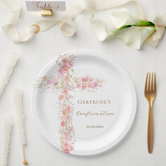 Confirmation pink flowers cross paper plate (Wedding)