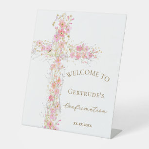 Confirmation pink flowers cross welcome sign
