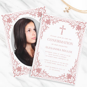 Confirmation Pink Girl Photo Dusty Rose Vintage Invitation