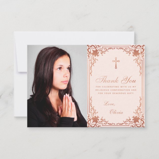 Confirmation Pink Rose Gold Girl Photo Elegant Thank You Card (Front)