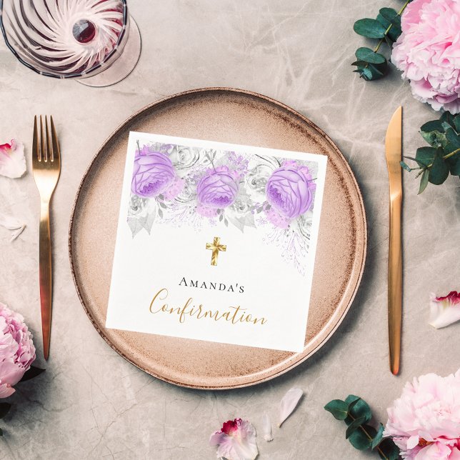 Confirmation purple violet floral white name girl napkin (Creator Uploaded)
