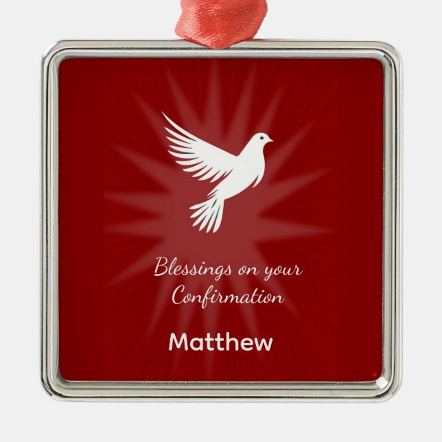 Confirmation Religious Red Dove Rays Design Metal Ornament (Front)