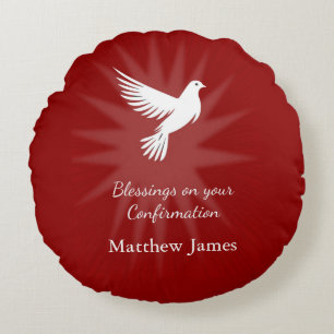 Confirmation Religious Red Dove Rays Design Round Cushion