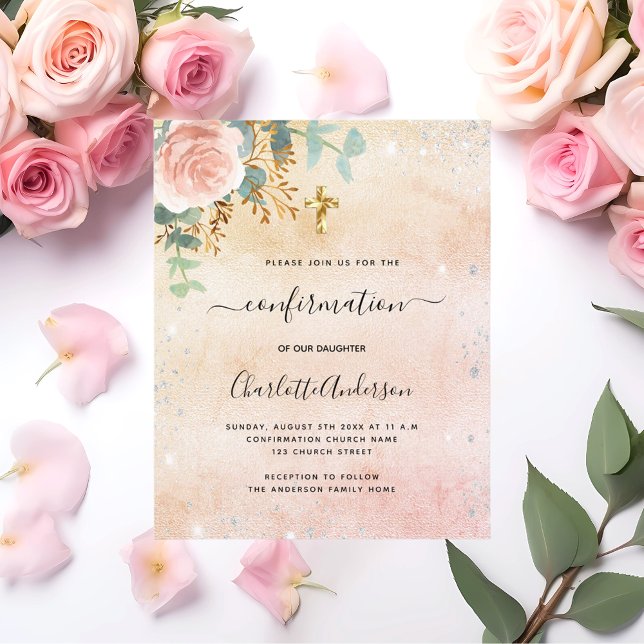 Confirmation rose floral eucalyptus invitation flyer (Creator Uploaded)