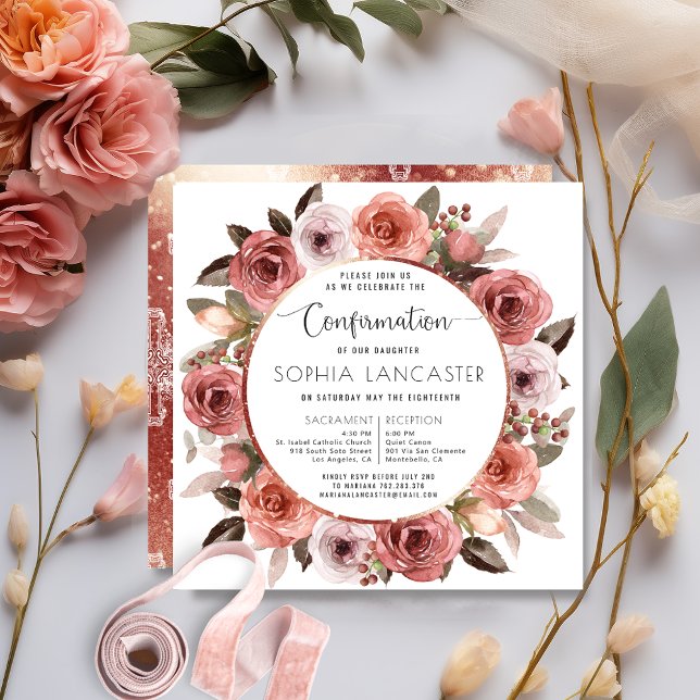 Confirmation, Rose Gold and Blush Floral Invitation (Creator Uploaded)