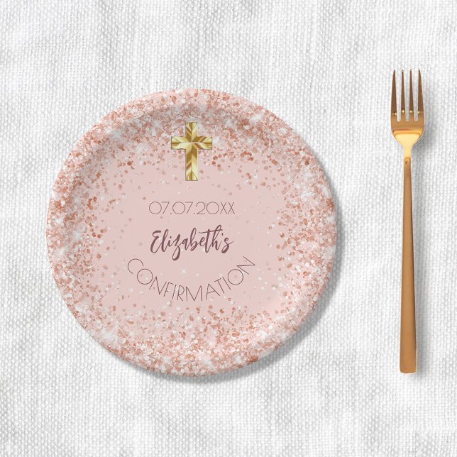 Confirmation rose gold confetti girl name paper plate (Creator Uploaded)