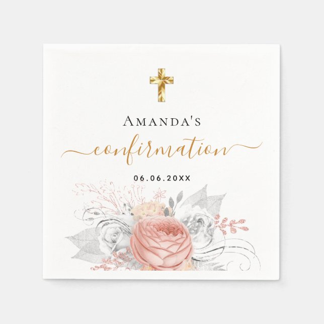 Confirmation rose gold floral white name girl napkin (Front)