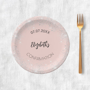 Confirmation rose gold silver glitter girl name paper plate