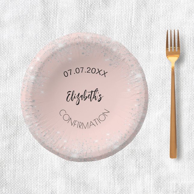 Confirmation rose gold silver sparkles girl name paper plate (Creator Uploaded)