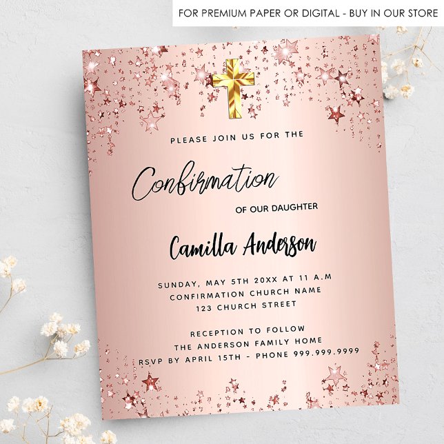 Confirmation rose gold stars budget invitation flyer (Creator Uploaded)