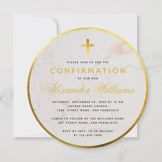 Confirmation Round Faux Gold Foil Marble Script Invitation (Front)