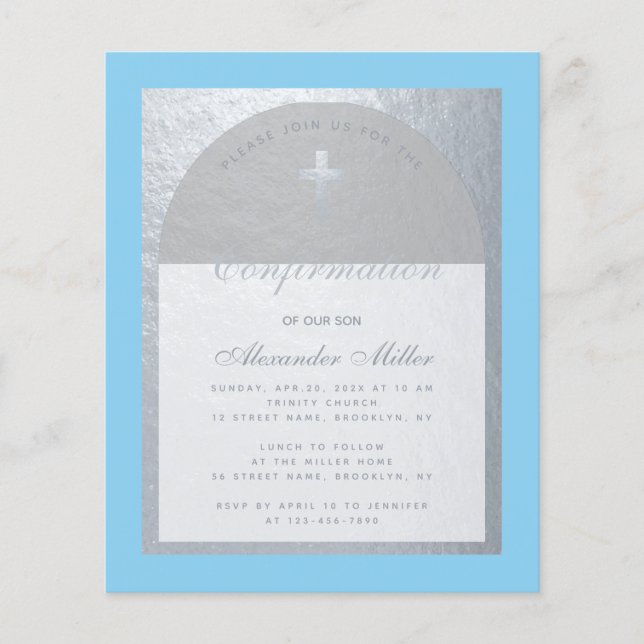 Confirmation Silver Blue Grey Budget Invitation (Front)