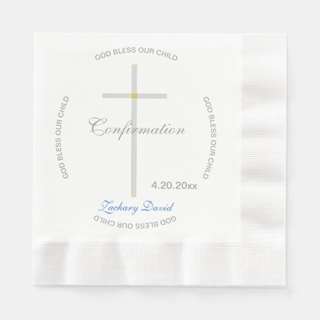 Confirmation Silver Cross Boy Blue Name Napkin (Front)